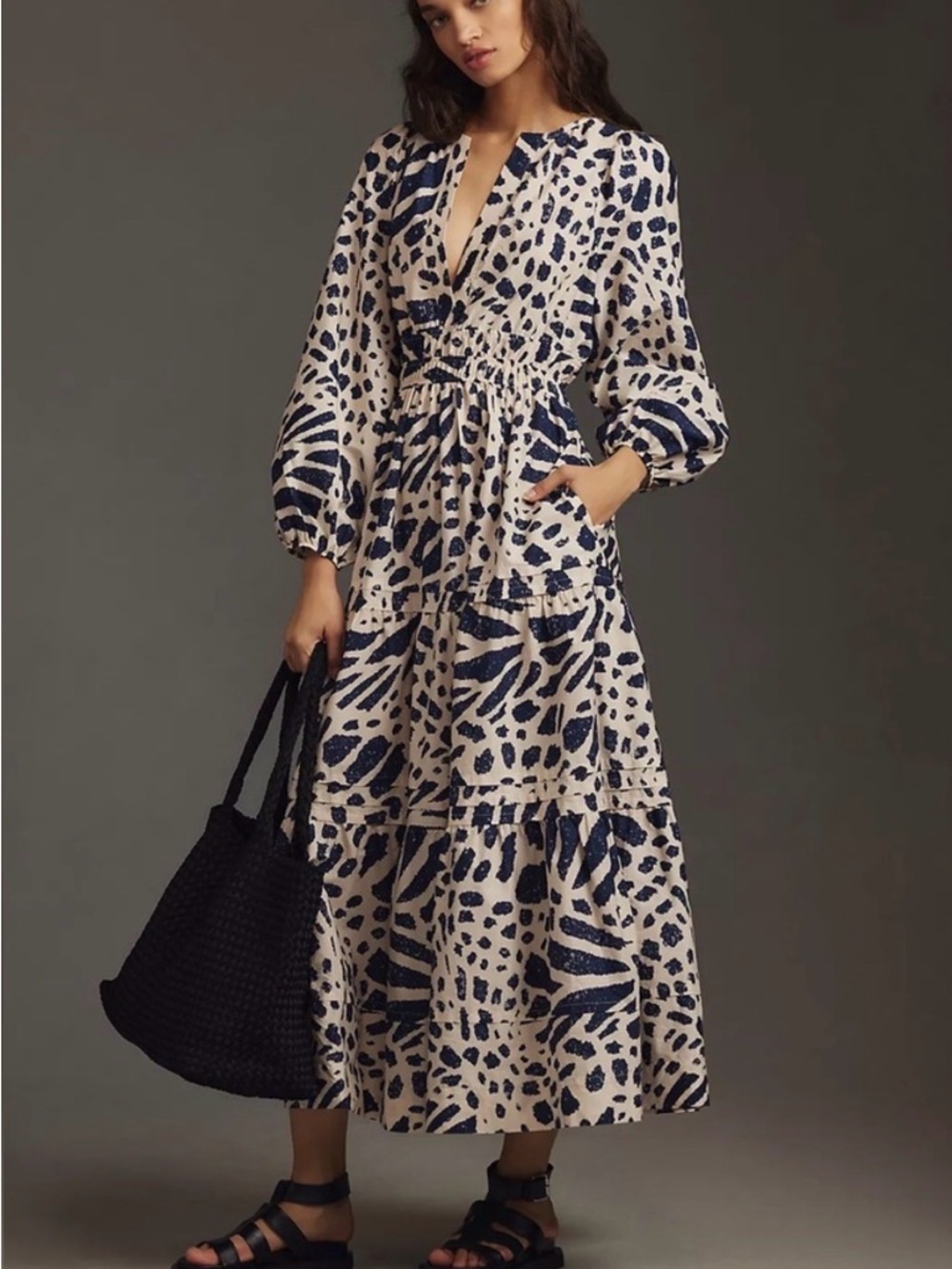 NWOT Anthropologie Navy and Cream Printed Tiered Maxi Dress